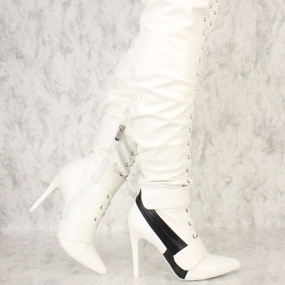 Front Lace Up Pointy Toe Sneaker Thigh High Boots